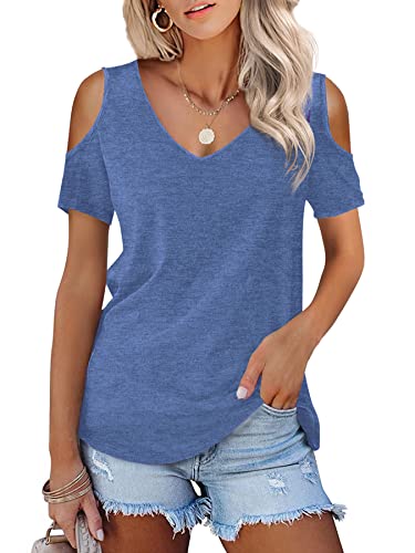 Beluring Damen Oberteile Sexy V-Ausschnitt Kurzarm Tshirt Schulterfreie Top Blau M von Beluring