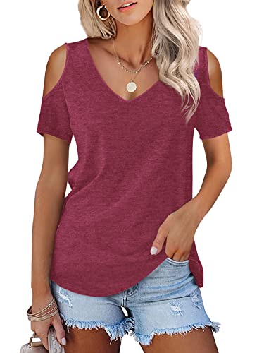 Beluring Damen Oberteile Sommer Kurzarm V-Ausschnitt T-Shirt Casual Cold Shoulder Tops Burgund XXL von Beluring