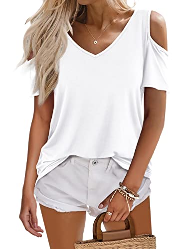 Beluring Damen Oberteile V-Ausschnitt Offene Schulter Sommer Tunika T-Shirt Weiß XXL von Beluring