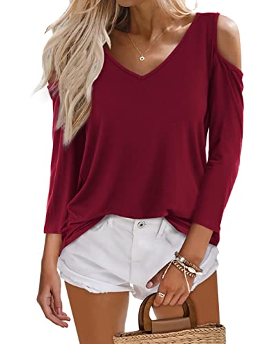 Beluring Damen Sexy Oberteile Offene Schulter T-Shirts Langarmshirt Burgund XXL von Beluring