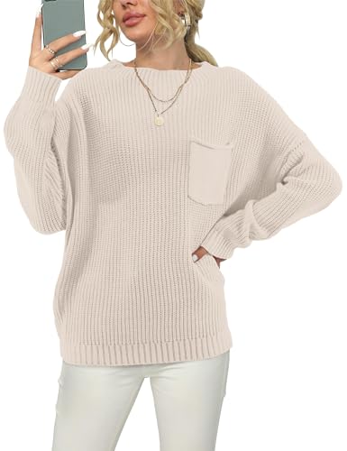 Beluring Damen Pullover Elegant Langarm Oberteile Rundhals Grobstrick Strickpullover Klassischer Sweater Aprikose L von Beluring