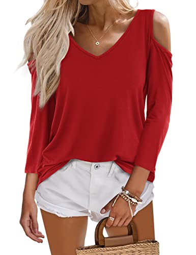 Beluring Oberteile Damen Schulterfrei Tief V Ausschnitt T-Shirt Sommer Top Rot S von Beluring