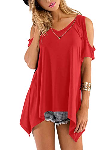 Beluring Oberteile Damen Sexy Off Shoulder Kurzarm Top Asymmetrischer Saum T-Shirt Rot 2XL von Beluring