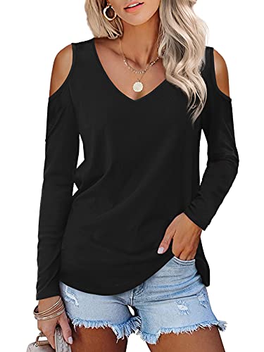 Beluring Damen Sexy Sommer T Shirts V-Ausschnitt Offene Schulter Tunika Oberteile Basic Shirts Schwarz S von Beluring