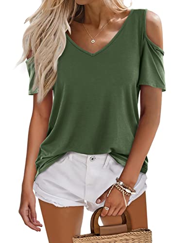 Beluring Damen Sexy Oberteile Sommer V-Ausschnit Offene Schulter T-Shirts Olivgrün L von Beluring