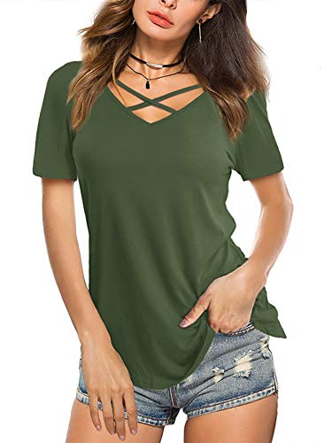 Beluring Tops für Damen Criss Cross Ausschnitt Sommer Kurzarmshirt Lässig Elegant T-Shirt, Olivgrün XXL von Beluring