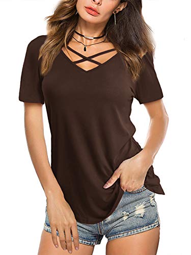 Beluring Damen Shirt Kurzarm Sommer Longshirt Casual Gekreuzter V-Ausschnitt Tshirts Braun L von Beluring