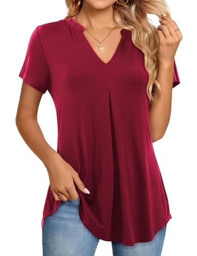 Beluring Damen Shirt Sommer Elegant Kurzarm Oberteile V-Ausschnitt Einfarbig Tunika T-Shirts Weinrot XXL von Beluring