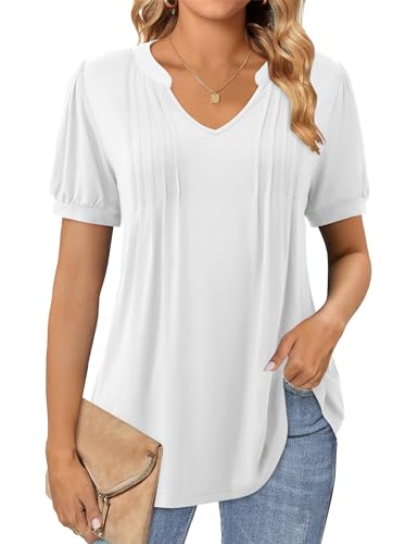 Beluring Damen Shirt Sommer Laternenärmel T-Shirts Casual V-Ausschnitt Plissee Bluse Weiß XL von Beluring