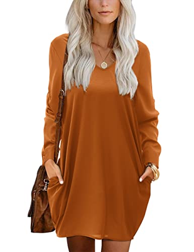 Beluring Damen Blusenkleid Langarm V-Ausschnitt Kleid Freizeit Kurz Shirtkleid Dunkelorange S von Beluring