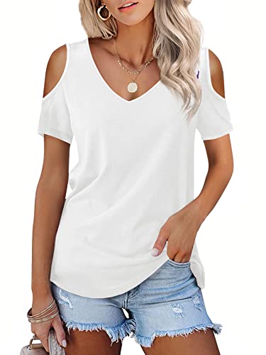 Beluring Damen Shirts V-Ausschnitt Oberteile Tops Sommer Kurzarm Offene Schulter Bluse Weiß XL von Beluring