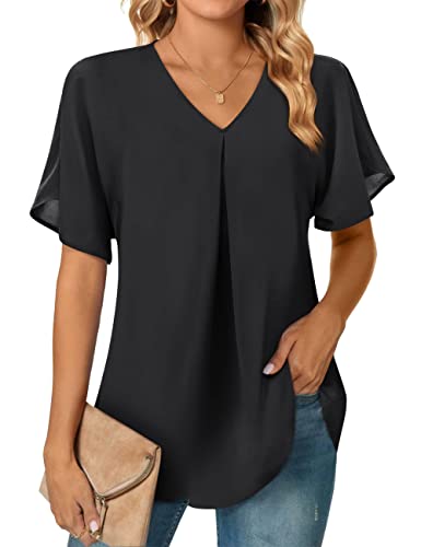 Beluring Damen Sommer Chiffon Bluse Casual V Ausschnitt Tunika Tops Lose Kurzarm Shirt, Schwarz, XX-Large von Beluring