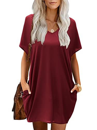 Beluring Damen Sommer Kleid Mit Taschen Kurzarm V-Ausschnitt Shirtkleid Burgund XXL von Beluring