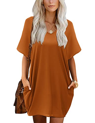 Beluring Damen Sommer Kurzarm Kleider Mit Taschen V Ausschnitt Midi Shirtkleid Dunkelorange XL von Beluring