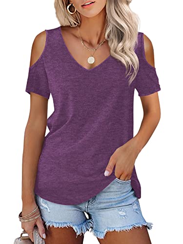 Beluring Damen Sommer Kurzarm Oberteile Casual V-Ausschnitt Offene Schulter Lose Tshirts Violett XL von Beluring