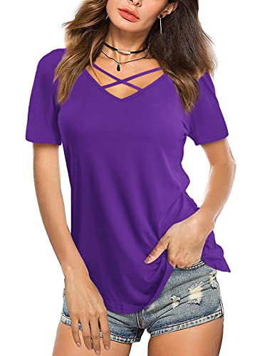 Beluring Damen Sommer Kurzarm T-Shirt V-Ausschnitt Tunika Top Lässige Oberteil Bluse Shirt, Violett XL von Beluring