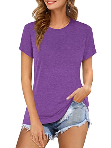 Beluring Damen Sommer Tunika Basic Solide Rundhalsausschnitt T-Shirt Blusen Lang Lila S von Beluring