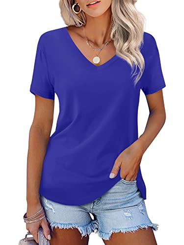 Beluring Damen Sommer V Ausschnitt Oberteile Loose Fit Weiche T-Shirts für Kurzarm Blau XXL von Beluring