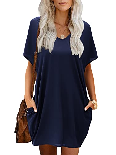Beluring Damen Sommerkleid Mit Taschen Basic V-Ausschnitt Blusenkleid Navy Blau L von Beluring