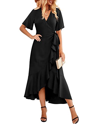 Beluring Damen Sommerkleid Sexy V Ausschinitt Kurzarm Lange Wickelkleid Schwarz L von Beluring