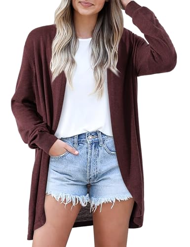 Beluring Damen Strickjacke Elegant Langarm Strickpullover Casual Offene Strickmantel Revers Cardigan Weinrot S von Beluring