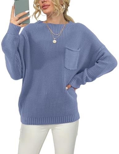 Beluring Damen Strickpullover Langarm Elegant Strickpulli Modische Rundhals Basic Sweater Blau L von Beluring