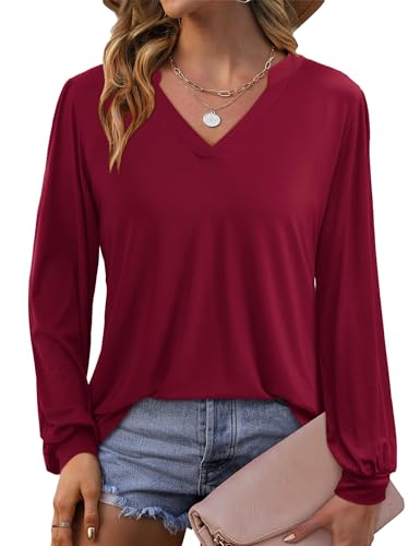 Beluring Damen T-Shirt Elegante Langarm Longshirt V-Ausschnitt Lässig Shirt Basic Bekleidung Weinrot M von Beluring