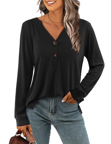 Beluring Damen T-Shirt Herbst Winter Langarm Bluse Elegant V Ausschnitt Tunika Top Schwarz M von Beluring