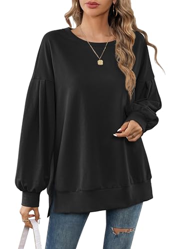 Beluring Damen T Shirt Langarm Rundhals Pullover Tops Elegante Schlitz Freizeit Sweatshirt Schwarz S von Beluring