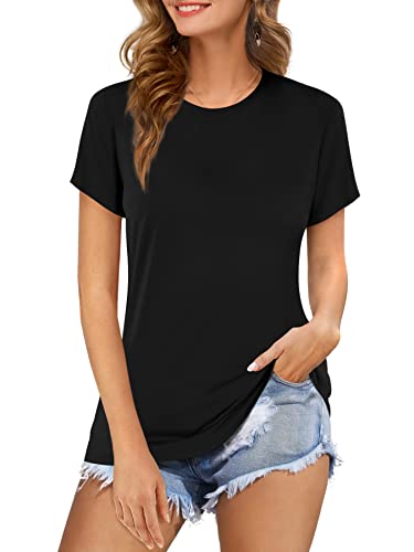 Beluring Damen T-Shirt Rundhalsausschnitt Kurzarm Sommer Casual Tunika Top Bluse Oberteil Schwarz XL von Beluring