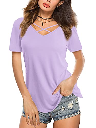 Beluring Damen Kurzarm Shirts Sexy Criss Cross V Ausschnitt Tops Oberteile Lavendel M von Beluring