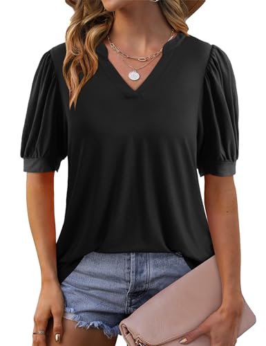Beluring Damen T-Shirt V Ausschnitt Oberteile Lässig Kurzarm Shirt Schwarz L von Beluring