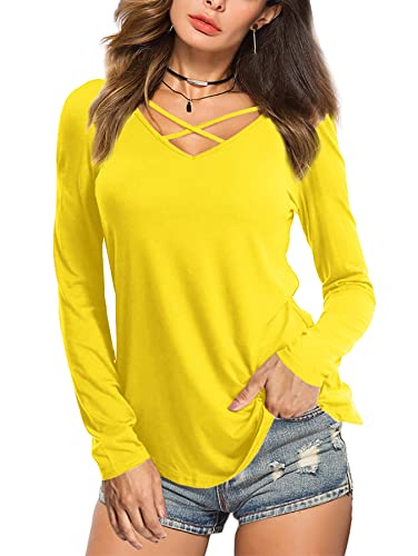 Beluring Damen T Shirt Gekreuzter V-Ausschnitt mit Criss Cross Lässig Langarmshirt, Gelb M von Beluring