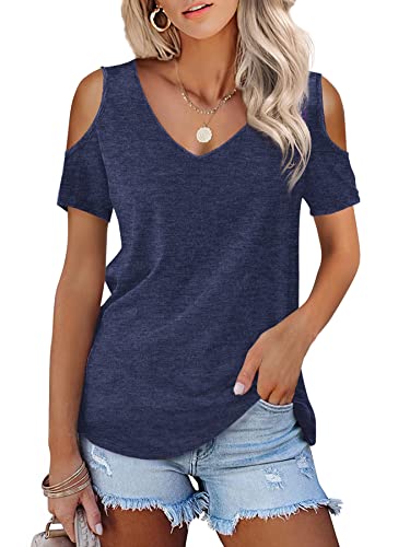 Beluring Damen T-Shirts Sommer V-Ausschnitt Oberteile Schulterfreie Kurzarm Tops Sexy Navy Blau M von Beluring