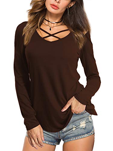 Beluring Longshirt Damen Langarm Lässig Oberteile Schlanker Geschäfts V-Ausschnitt Tops Braun M von Beluring