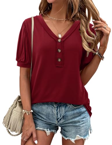 Beluring Damen Tops Sommer Shirt V-Ausschnitt Kurzarm Einfarbig Oberteile Weinrot XL von Beluring