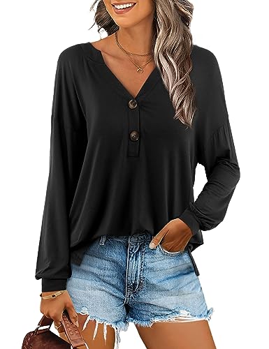 Beluring Damen Tshirt Casual Langarm Oberteile Sexy V-Ausschnitt Bequem Shirts Schwarz L von Beluring