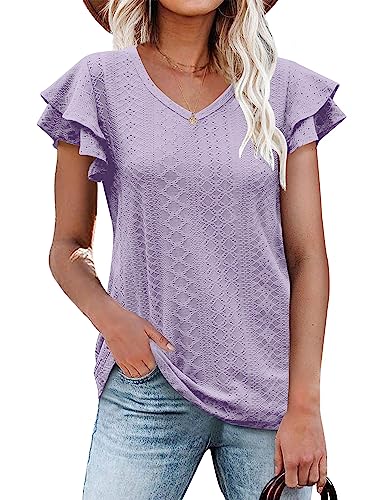 Beluring Kurzarm Bluse Damen Elegant V-Ausschnitt Tshirt Sommer Basic Shirts Lila L von Beluring