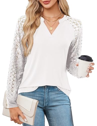 Beluring Damen Tshirt Langarm Oberteile V-Ausschnitt Streetwear Tunika Blusen Weiß XXL von Beluring