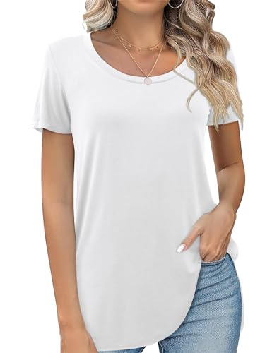 Beluring T-Shirt Damen Sommer Kurzarm Oberteile Elegant Rundhals Longshirt Tops Weiß M von Beluring