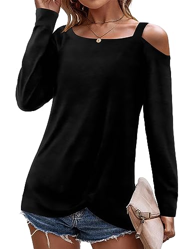 Beluring Damen Tshirt Schulterfrei Langarm Oberteil Einfarbig Bluse Schwarz S von Beluring