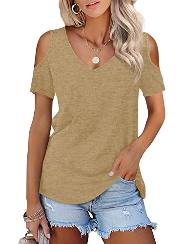 Beluring Damen Tshirt Sexy Kurzarm V Ausschnitt Cold Shoulder Bluse Oberteil Khaki XXL von Beluring