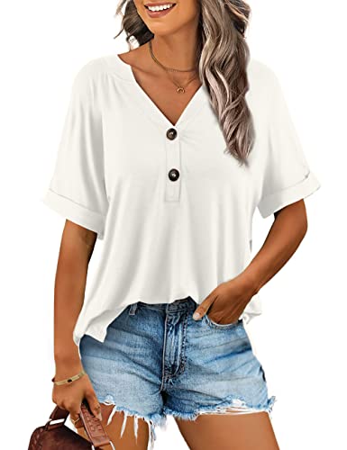 Beluring Longshirt Damen Kurzarm V Ausschnitt T Shirt Lässige Basic Bluse Weiß XXL von Beluring