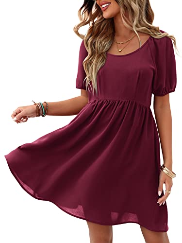 Beluring Damen Tunika Kleid Rundhals Lose Midikleid Kurzarm Freizeitkleid Shirtkleid Rotwein L von Beluring