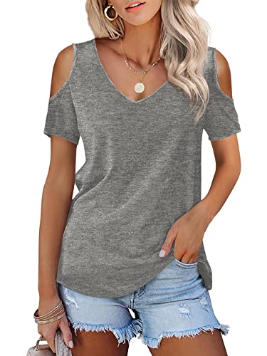 Beluring Damen Tunika V Ausschnitt Kurzarm Cold Shoulder Basic Oberteile Grau M von Beluring