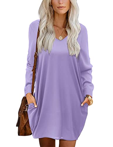 Beluring Tunika Kleid Blusenkleid Lässige V Ausschnitt Shirtkleider mit Taschen Violett L von Beluring