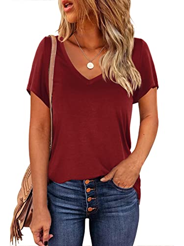 Beluring Damen V-Ausschnitt Kurzarm Blusen Elegante Einfarbig Oberteile Sommer Basic Weiche T Shirt Burgund L von Beluring