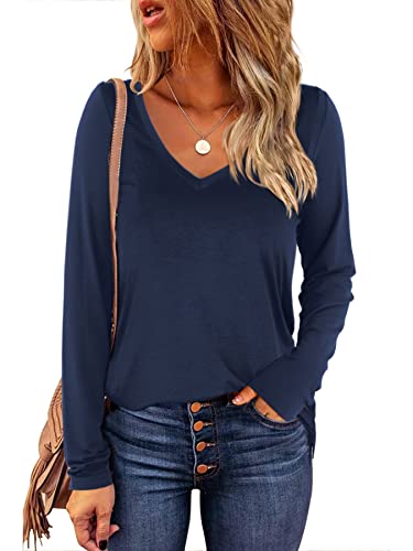 Beluring Damen V-Ausschnitt Langarm T-Shirts Elegante Oberteile Basic Blusen Frühling und Herbst Navy Blau XL von Beluring