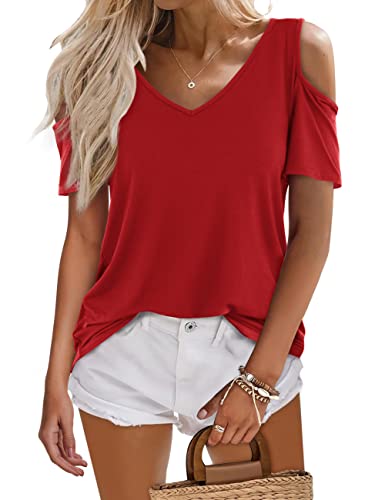 Beluring Damen Shirt Schulterfrei Tief V Ausschnitt Kurzarm Elegante Oberteil Rot XL von Beluring