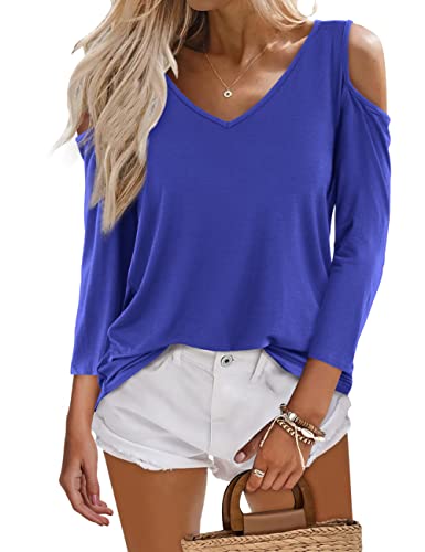 Beluring Damen Oberteil 3/4 Ärmel V-Ausschnitt Kalte Schulter Elegante Shirts Blau XL von Beluring